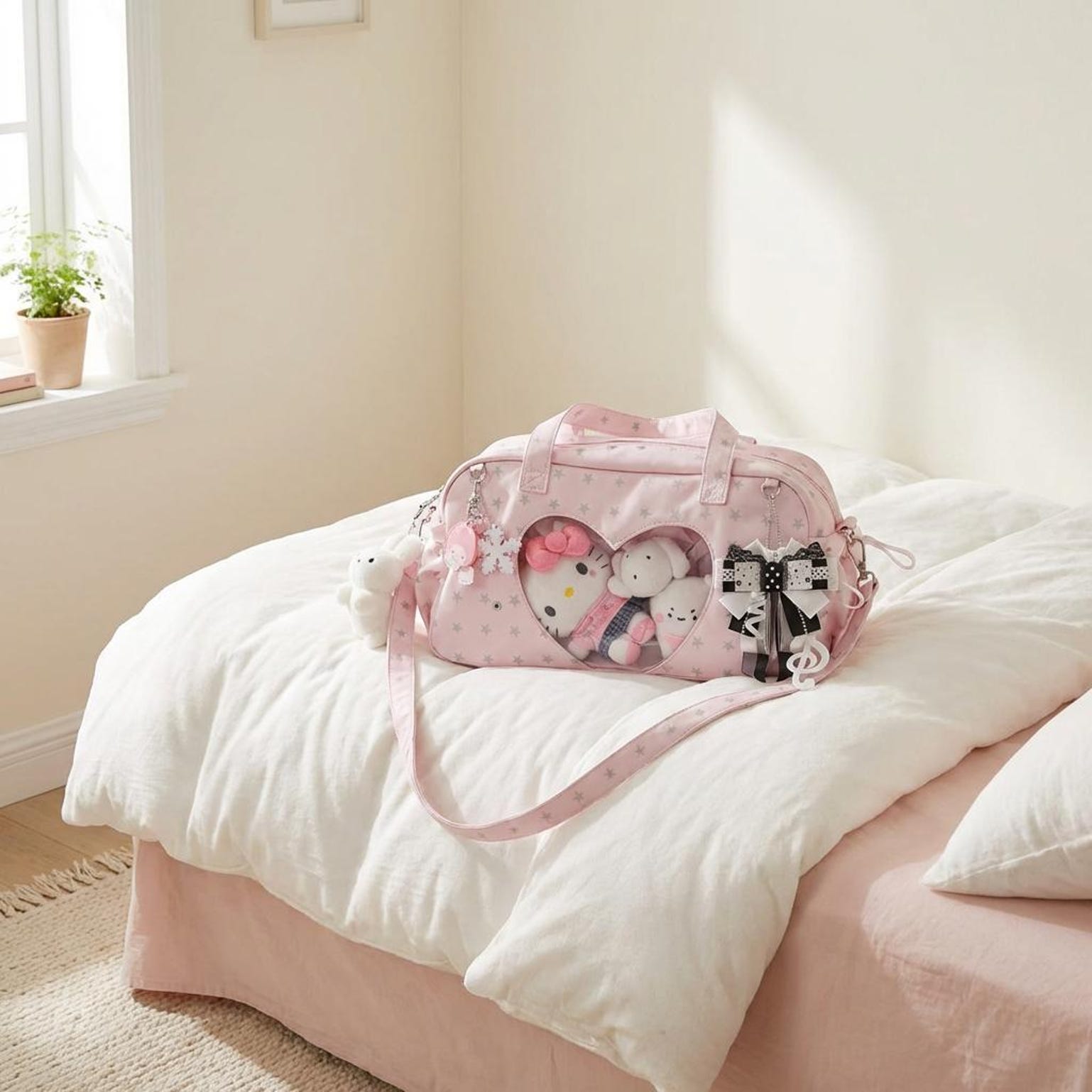 Pastel Kawaii Ita Shoulder Bag with Clear Window for Plushies and Pins Pastel Kawaii Ita Shoulder Bag with Clear Window for Plushies and Pins — crossbody ita bag detail view