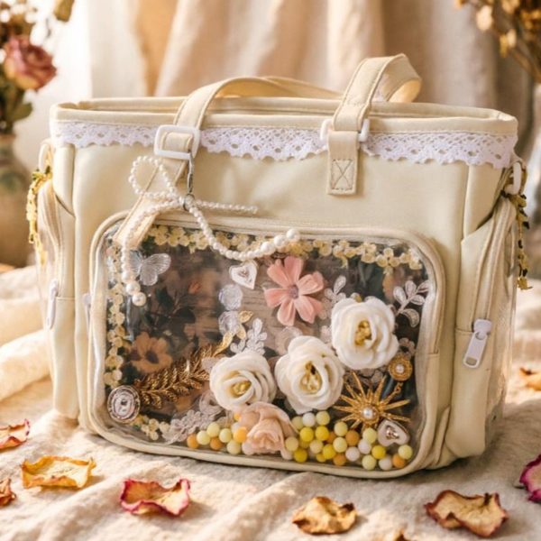Pastel Kawaii Ita Shoulder Bag with Clear Window for Plushies and Pins — crossbody ita bag detail view