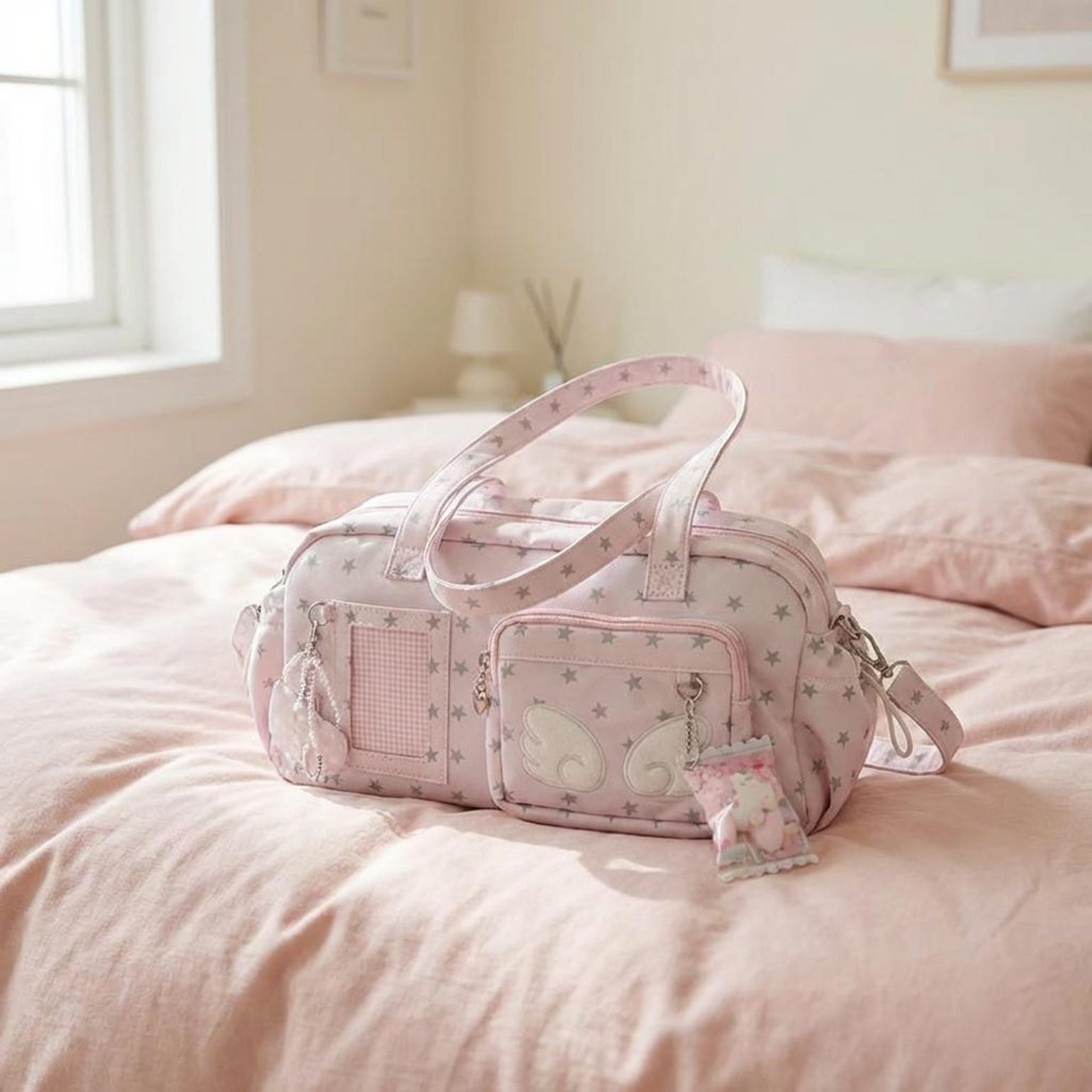 Pastel Kawaii Ita Shoulder Bag with Clear Window for Plushies and Pins Pastel Kawaii Ita Shoulder Bag with Clear Window for Plushies and Pins — crossbody ita bag detail view