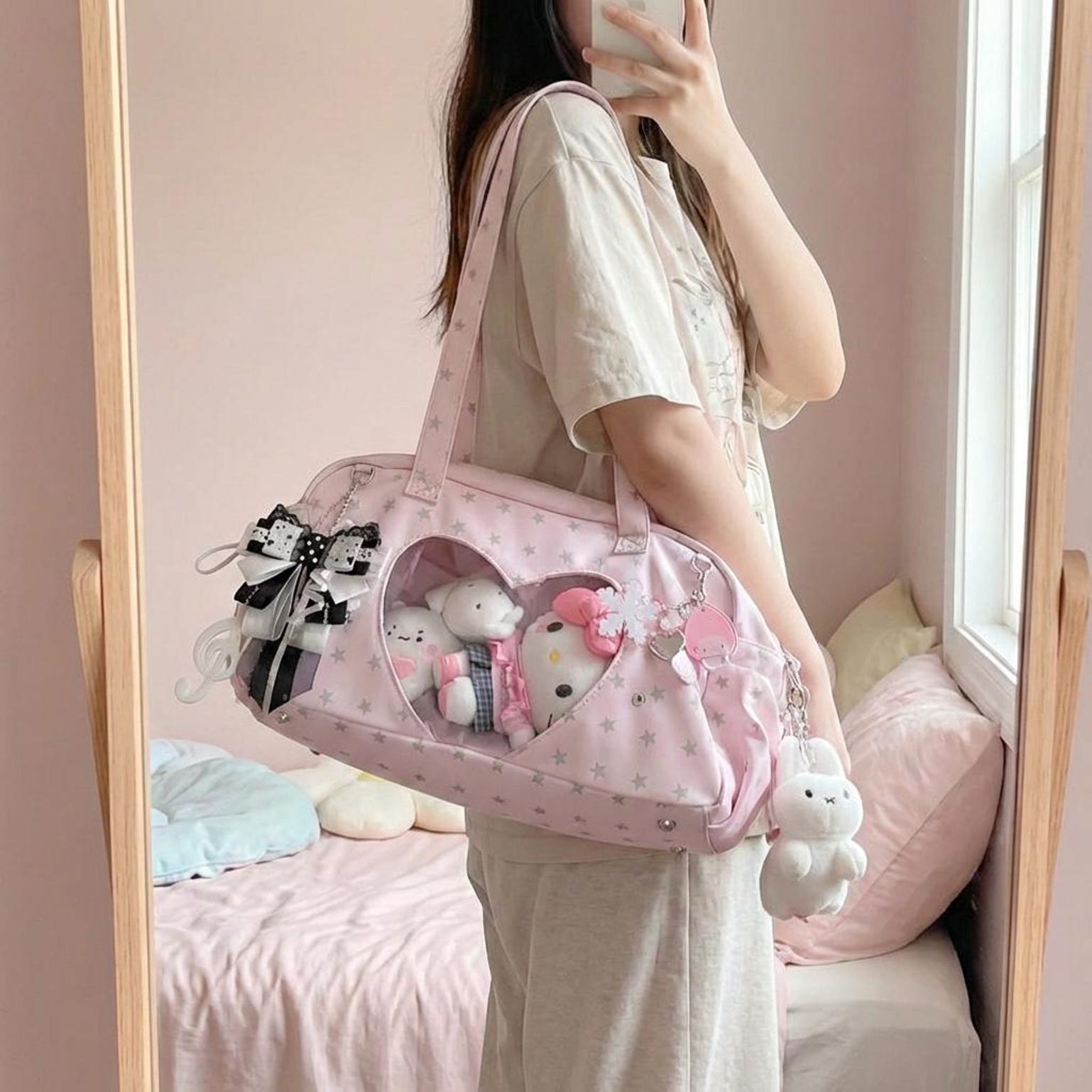 Pastel Kawaii Ita Shoulder Bag with Clear Window for Plushies and Pins Pastel Kawaii Ita Shoulder Bag with Clear Window for Plushies and Pins — crossbody ita bag with clear display window