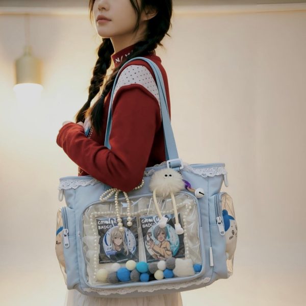 Pastel Kawaii Ita Shoulder Bag with Clear Window for Plushies and Pins — crossbody ita bag detail view