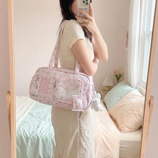 Pastel Kawaii Ita Shoulder Bag with Clear Window for Plushies and Pins — crossbody ita bag detail view