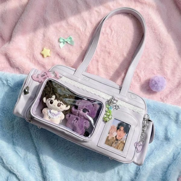 Pastel Kawaii Ita Shoulder Bag with Clear Window for Plushies and Pins — crossbody ita bag detail view
