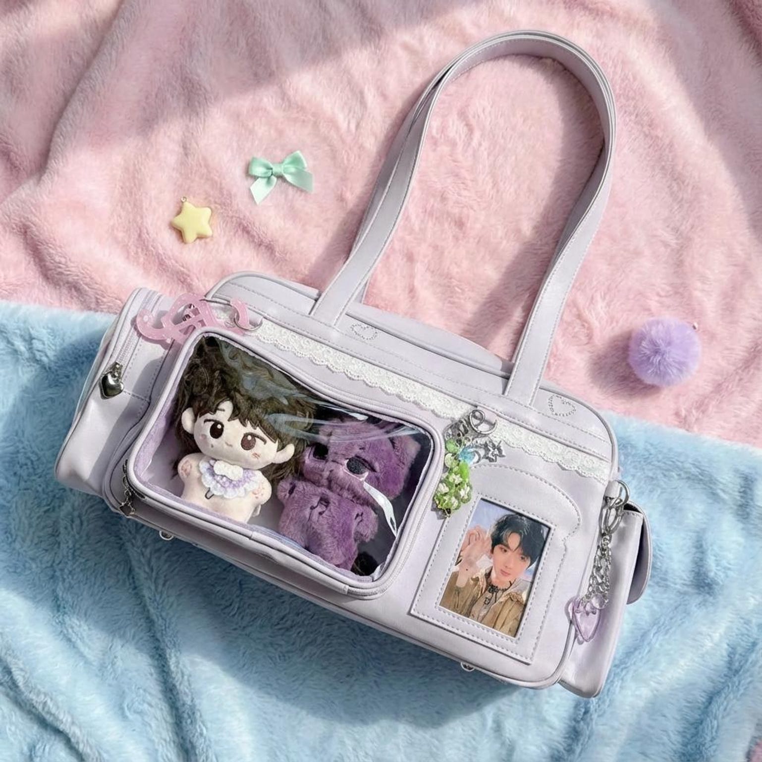 Pastel Kawaii Ita Shoulder Bag with Clear Window for Plushies and Pins Pastel Kawaii Ita Shoulder Bag with Clear Window for Plushies and Pins — crossbody ita bag detail view