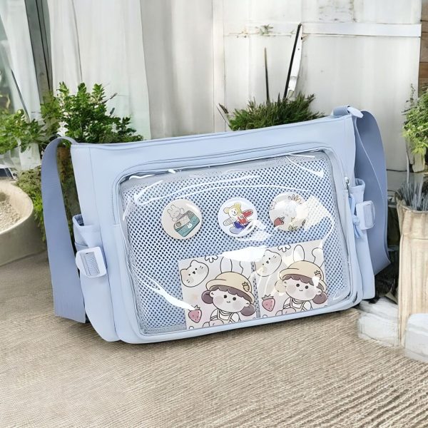 Pastel Kawaii Ita Tote Bag with Clear Window for Pin Display — ita tote bag detail view