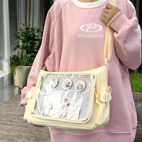 Pastel Kawaii Ita Tote Bag with Clear Window for Pin Display — ita tote bag detail view