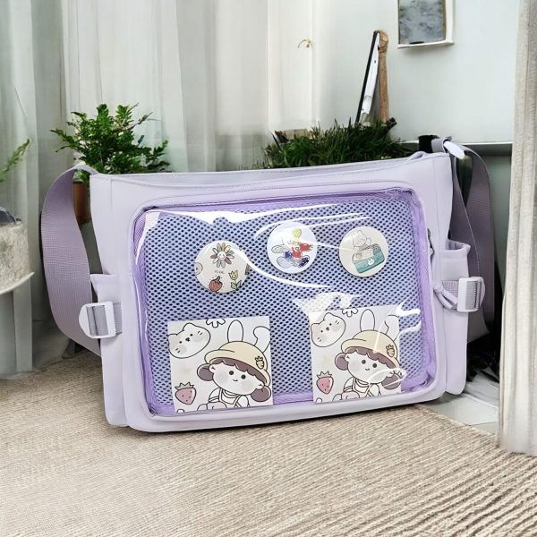 Pastel Kawaii Ita Tote Bag with Clear Window for Pin Display — ita tote bag detail view