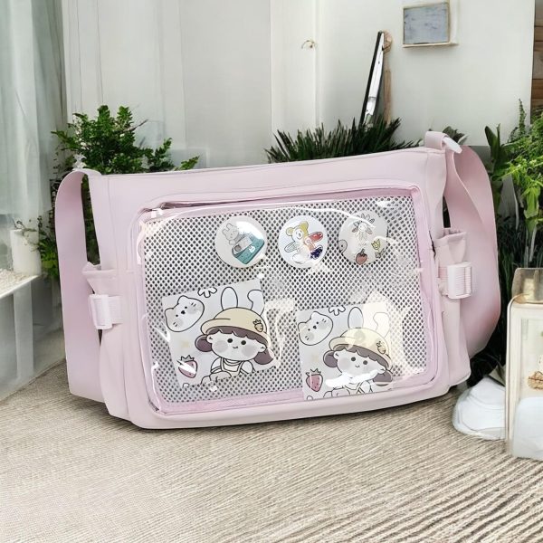 Pastel Kawaii Ita Tote Bag with Clear Window for Pin Display — ita tote bag detail view