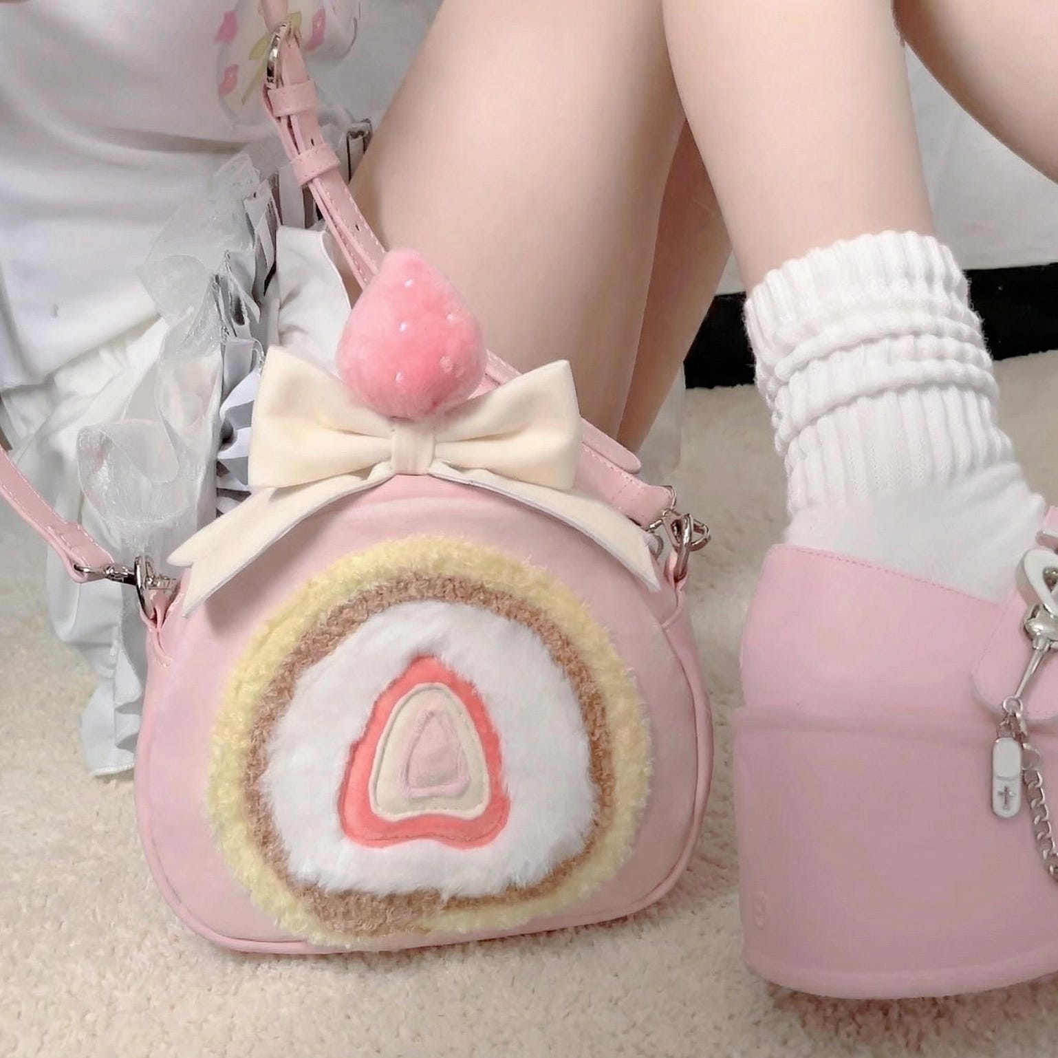Pastel Kawaii Strawberry Ita Backpack for Plushies and Pins Pastel Kawaii Strawberry Ita Backpack for Plushies and Pins — ita backpack detail view