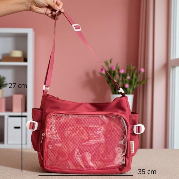 Pink Convertible Ita Bag with Clear Window for Pin Display — ita bag detail view
