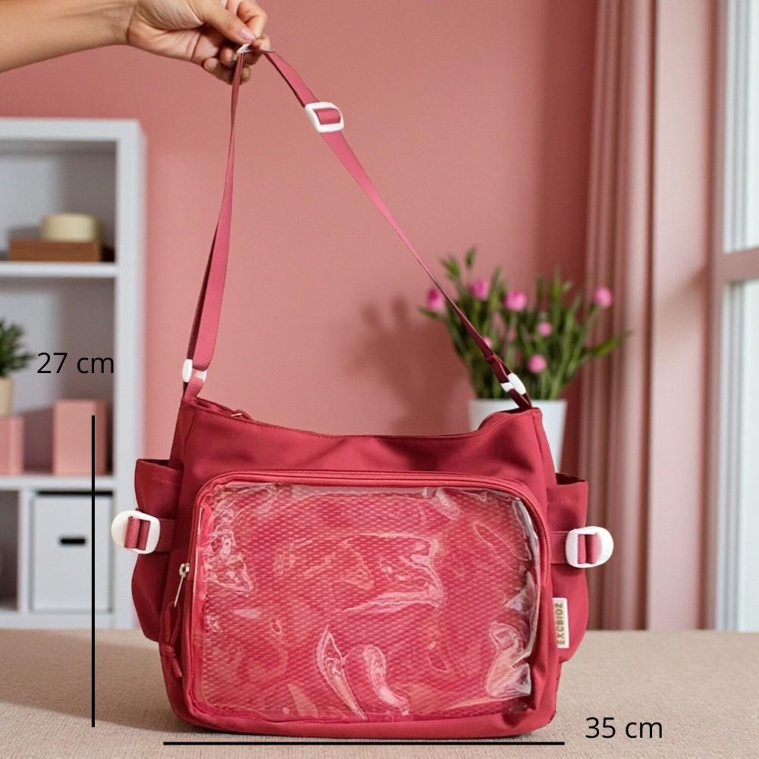 Pink Convertible Ita Bag with Clear Window for Pin Display Pink Convertible Ita Bag with Clear Window for Pin Display — ita bag detail view