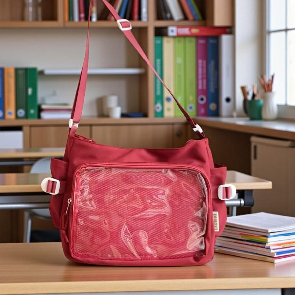 Pink Convertible Ita Bag with Clear Window for Pin Display — ita bag detail view