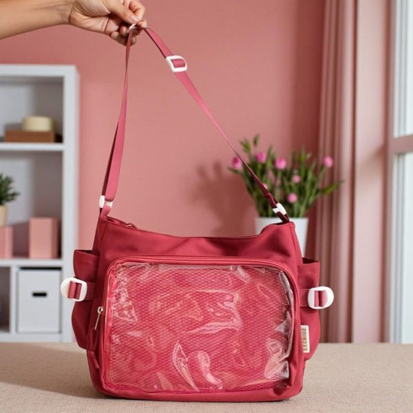 Pink Convertible Ita Bag with Clear Window for Pin Display — ita bag detail view