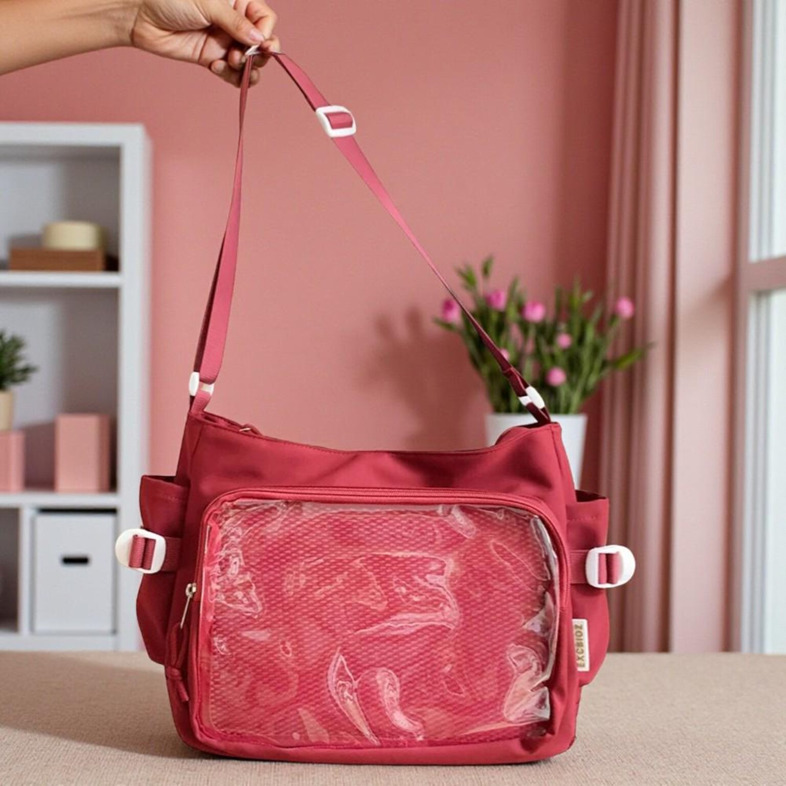 Pink Convertible Ita Bag with Clear Window for Pin Display Pink Convertible Ita Bag with Clear Window for Pin Display — ita bag detail view