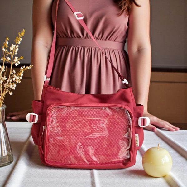Pink Convertible Ita Bag with Clear Window for Pin Display — ita bag detail view