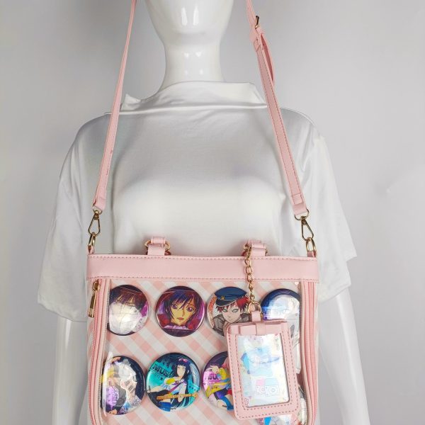 Pink Convertible Ita Bag with Clear Window for Pin Display — ita bag detail view