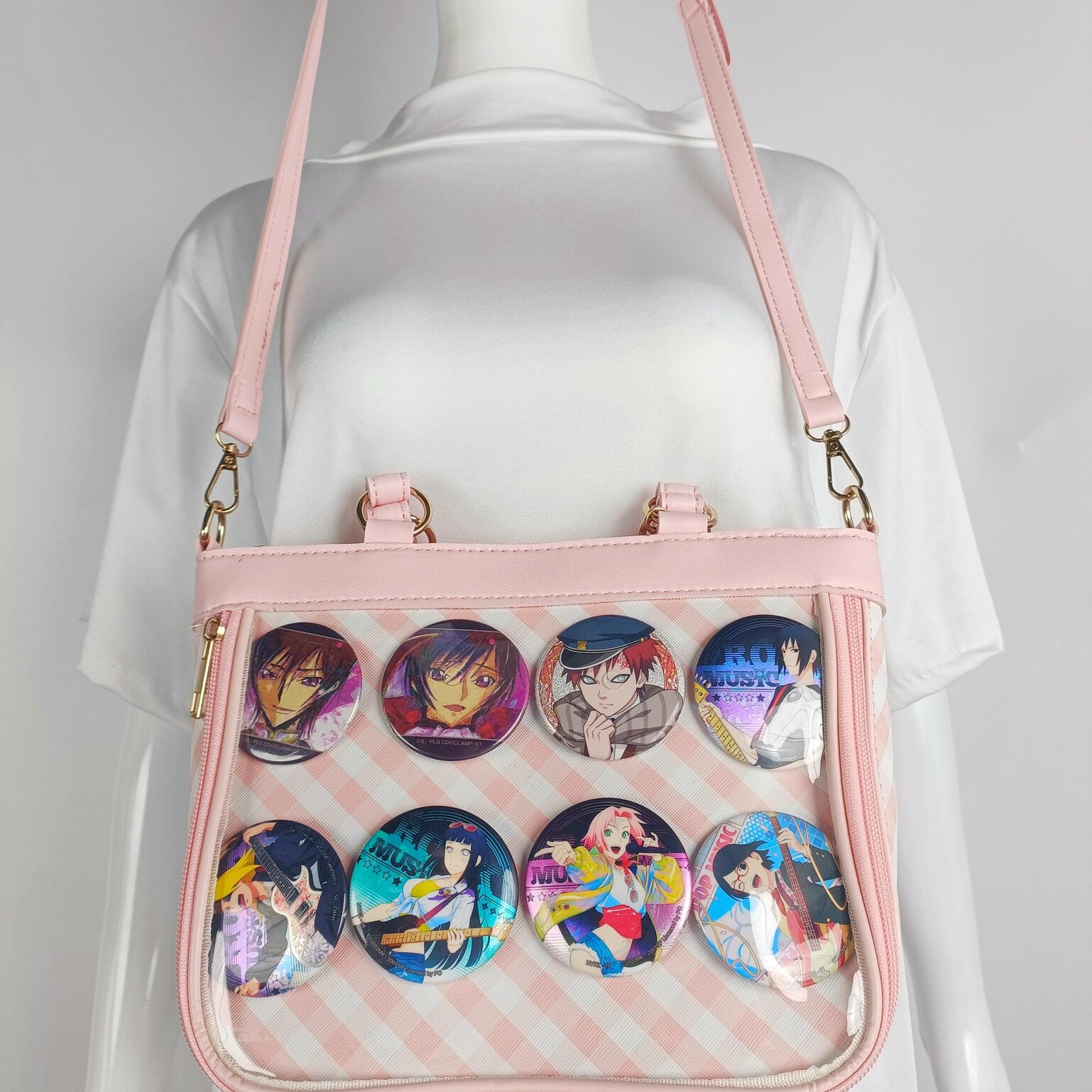 Pink Convertible Ita Bag with Clear Window for Pin Display Pink Convertible Ita Bag with Clear Window for Pin Display — ita bag detail view