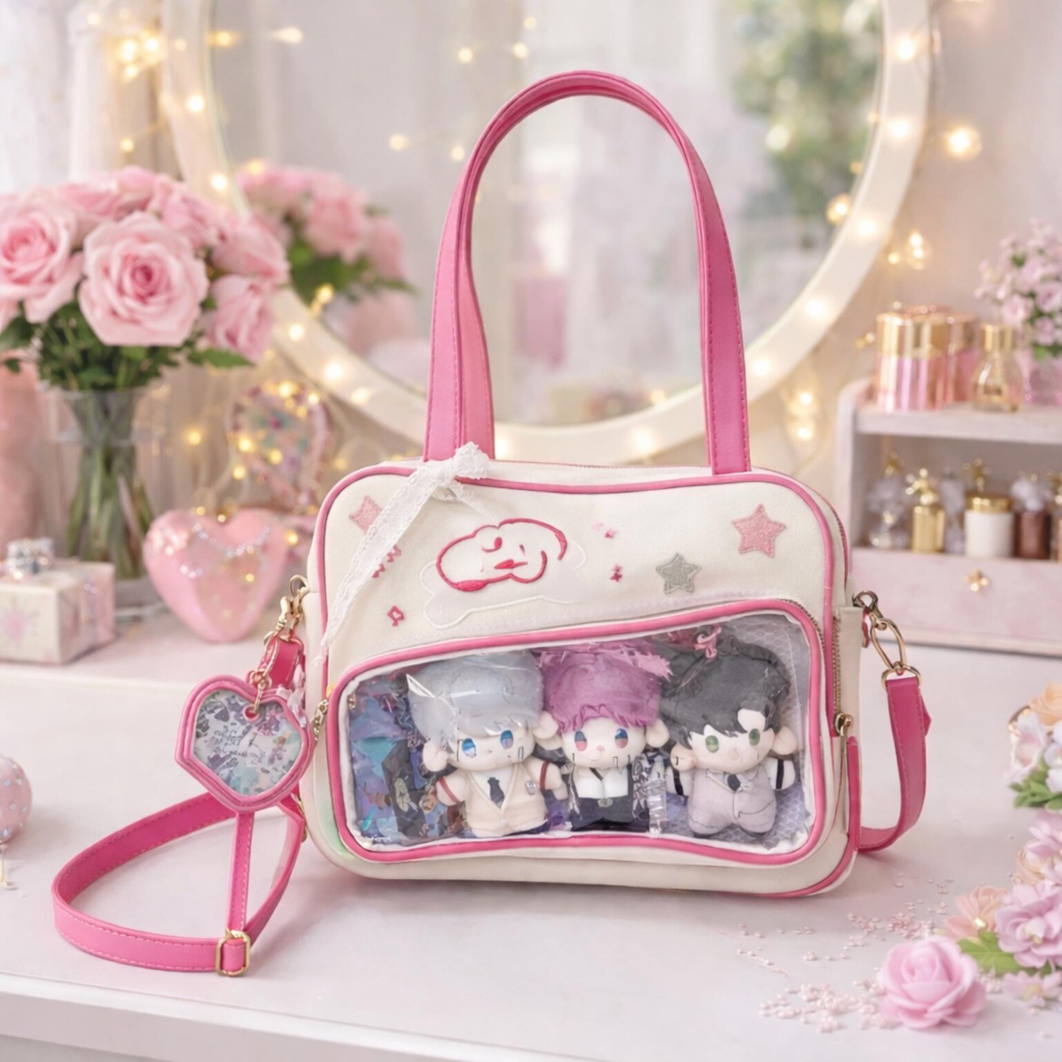 Pink Heart Convertible Ita Bag for Plushies and Pins Pink Heart Convertible Ita Bag for Plushies and Pins — ita bag detail view
