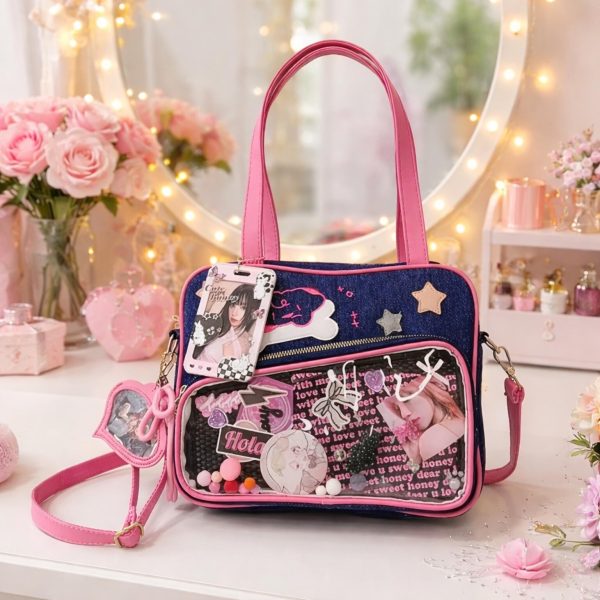 Pink Heart Convertible Ita Bag for Plushies and Pins — ita bag with clear display window
