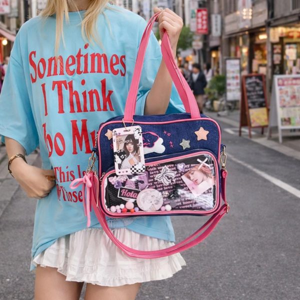 Pink Heart Convertible Ita Bag for Plushies and Pins — ita bag detail view