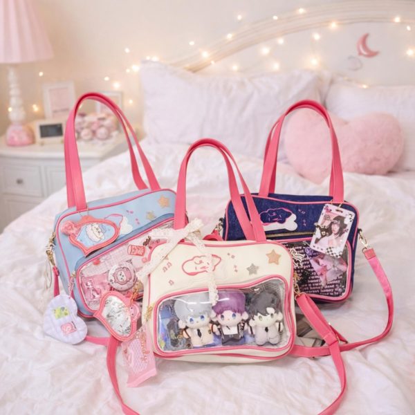 Pink Heart Convertible Ita Bag for Plushies and Pins — ita bag detail view