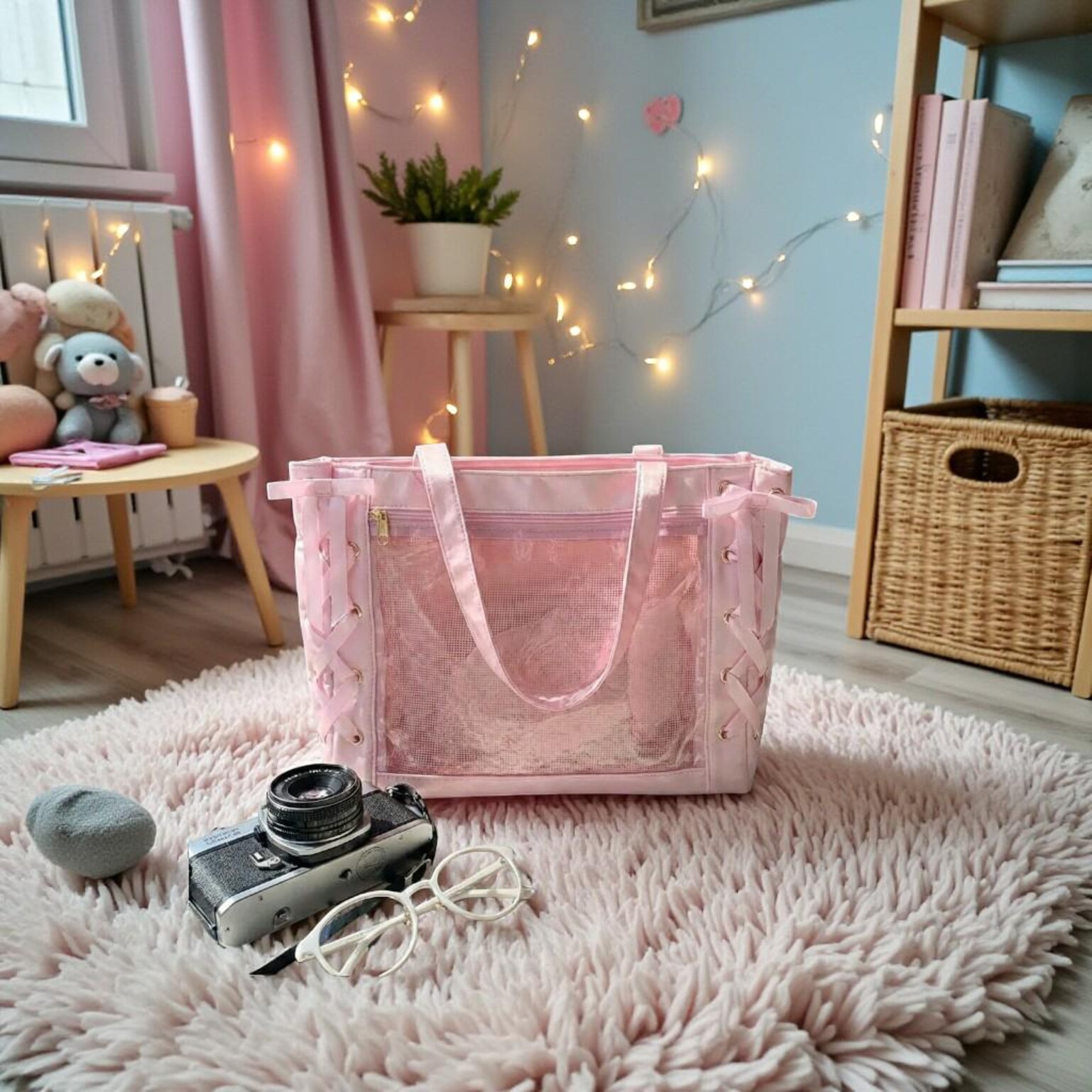Pink Kawaii Convertible Ita Bag for Pin Display Pink Kawaii Convertible Ita Bag for Pin Display — ita bag detail view