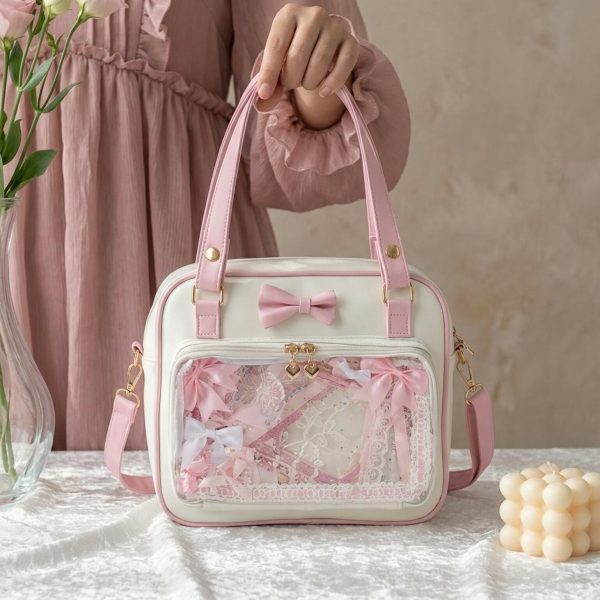 Pink Kawaii Convertible Ita Bag with Clear Window for Pin Display — ita bag detail view