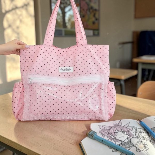 Pink Kawaii Convertible Ita Bag with Clear Window for Pin Display — ita bag detail view