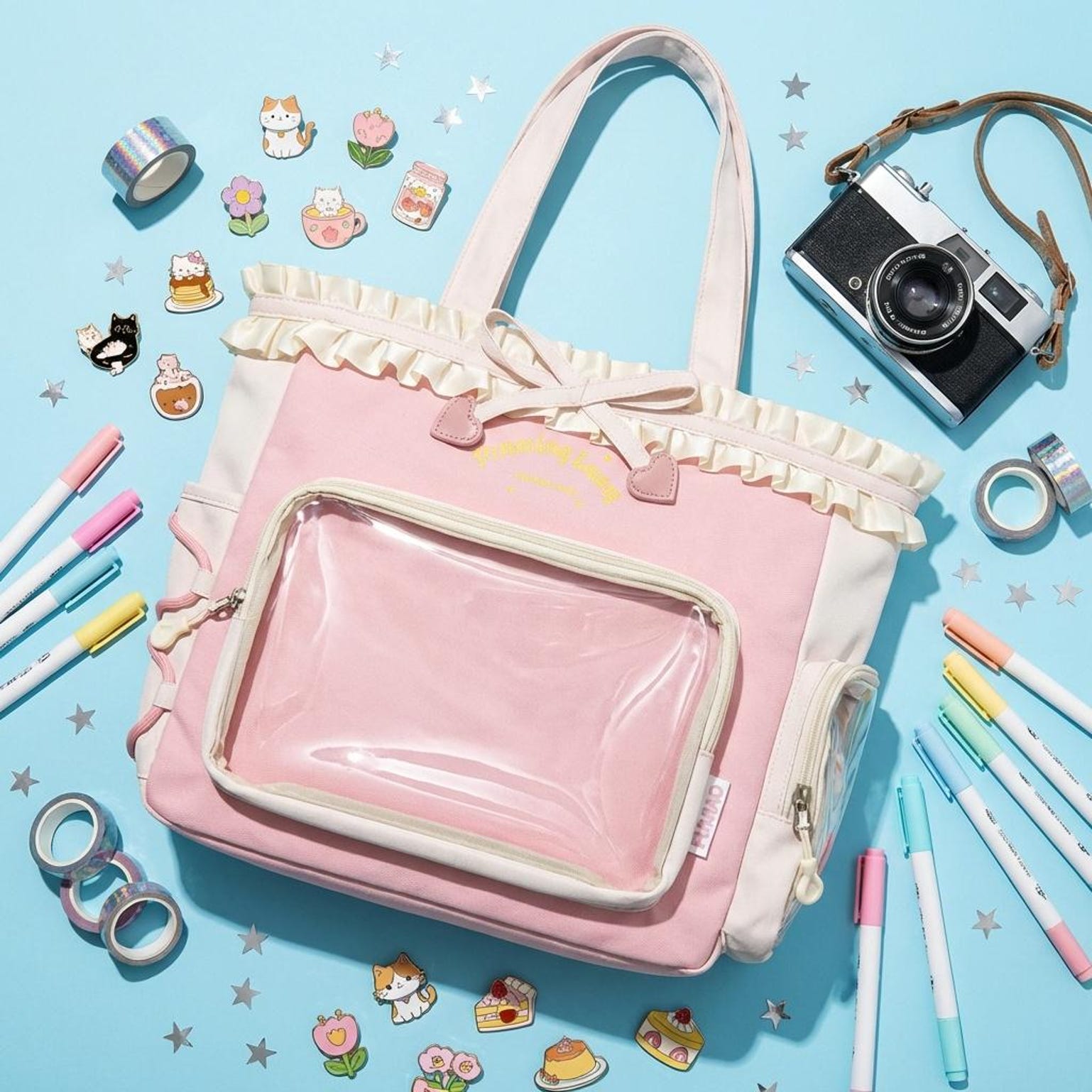 Pink Kawaii Convertible Ita Bag with Clear Window for Pin Display Pink Kawaii Convertible Ita Bag with Clear Window for Pin Display — ita bag with clear display window