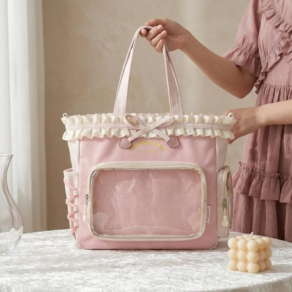 Pink Kawaii Convertible Ita Bag with Clear Window for Pin Display — ita bag detail view