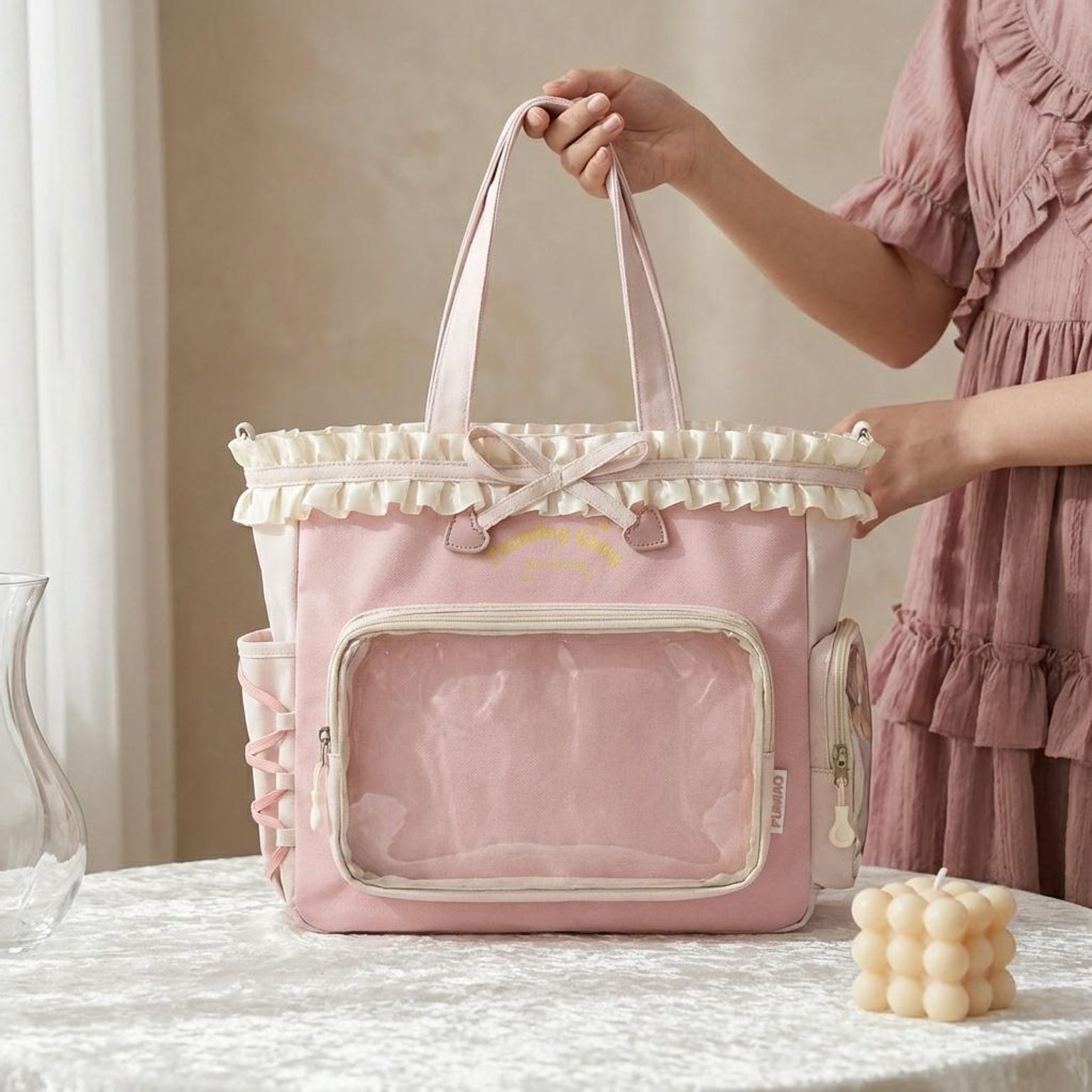 Pink Kawaii Convertible Ita Bag with Clear Window for Pin Display Pink Kawaii Convertible Ita Bag with Clear Window for Pin Display — ita bag detail view