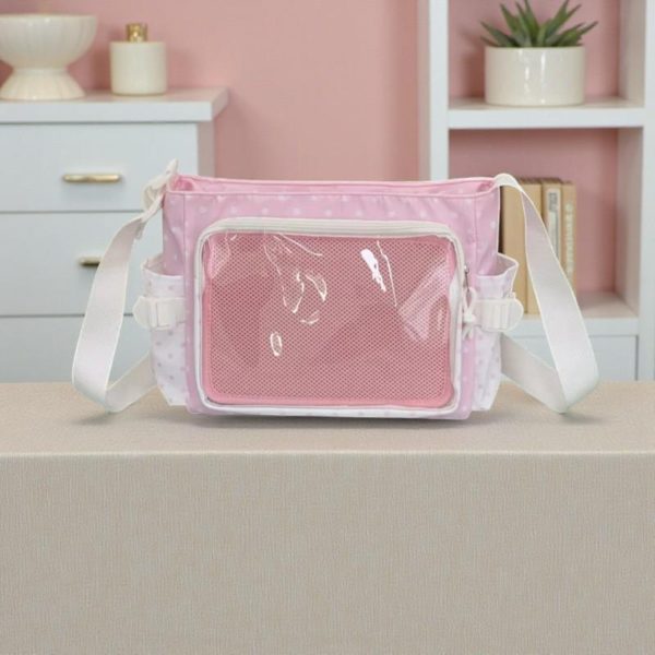 Pink Kawaii Convertible Ita Bag with Clear Window for Pin Display — ita bag detail view