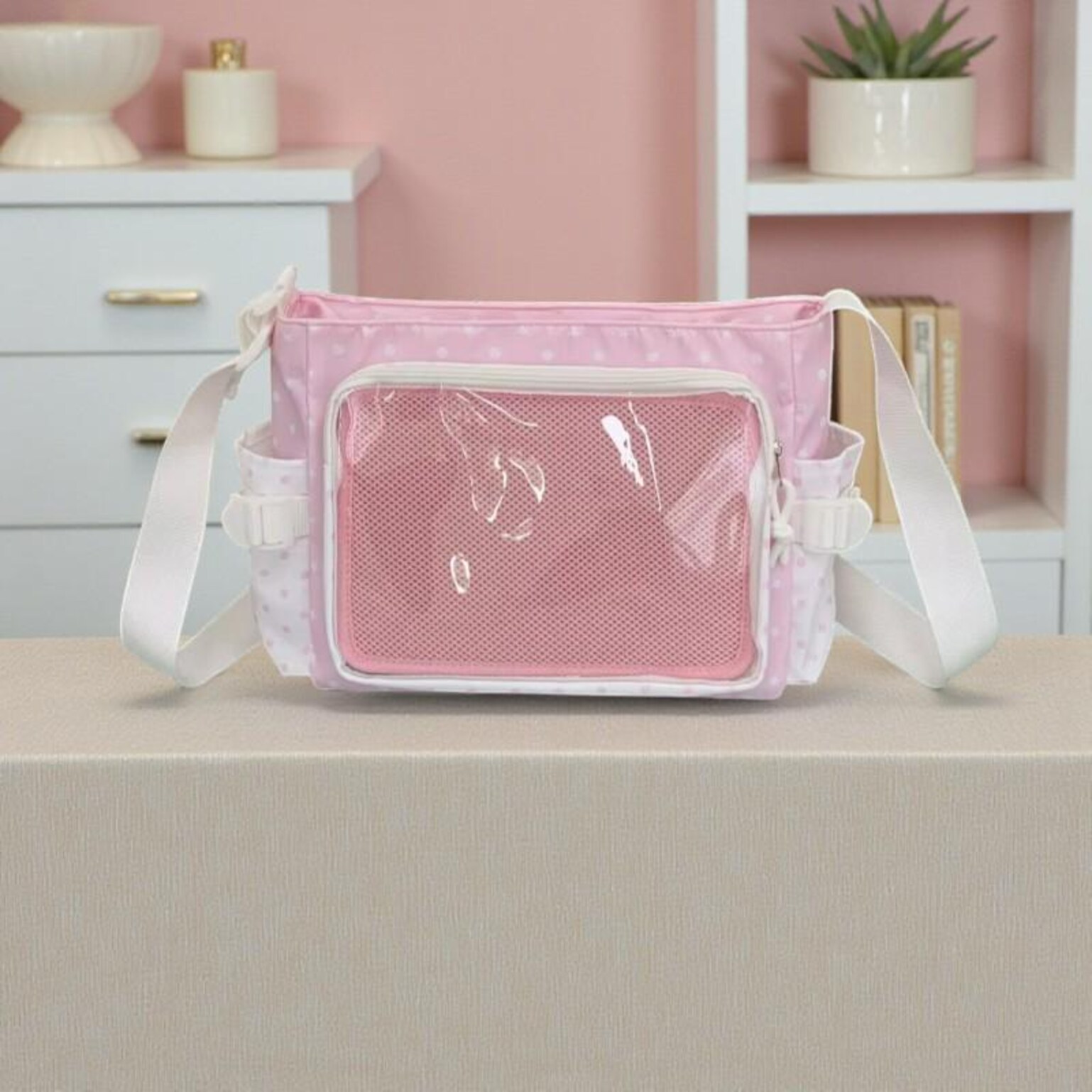 Pink Kawaii Convertible Ita Bag with Clear Window for Pin Display Pink Kawaii Convertible Ita Bag with Clear Window for Pin Display — ita bag detail view