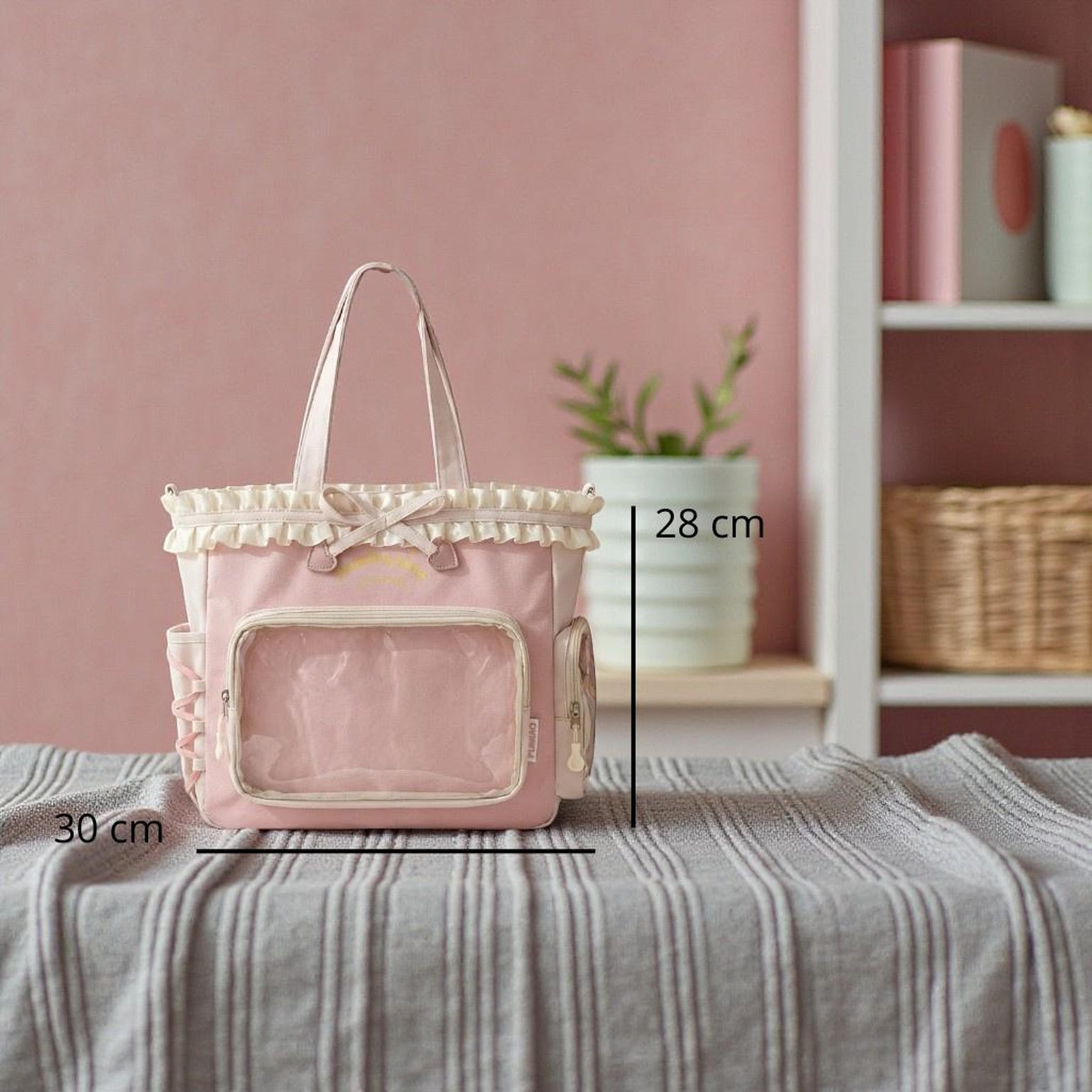Pink Kawaii Convertible Ita Bag with Clear Window for Pin Display Pink Kawaii Convertible Ita Bag with Clear Window for Pin Display — ita bag detail view