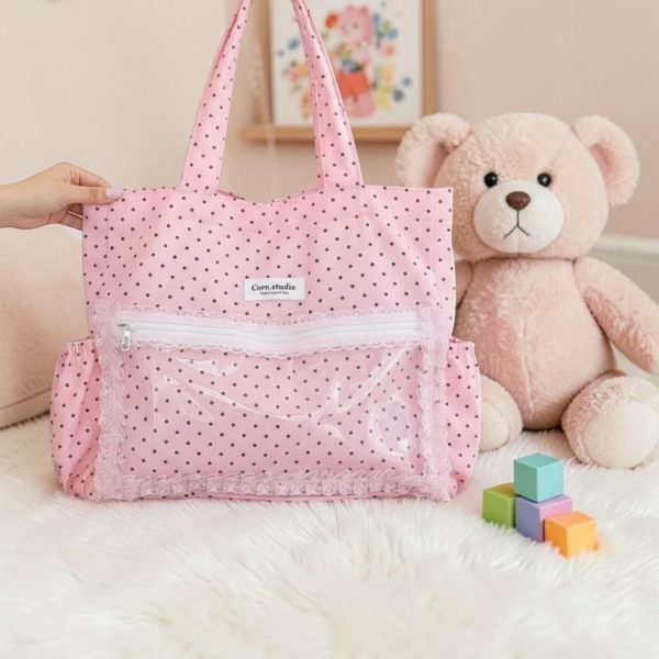 Pink Kawaii Convertible Ita Bag with Clear Window for Pin Display — ita bag detail view