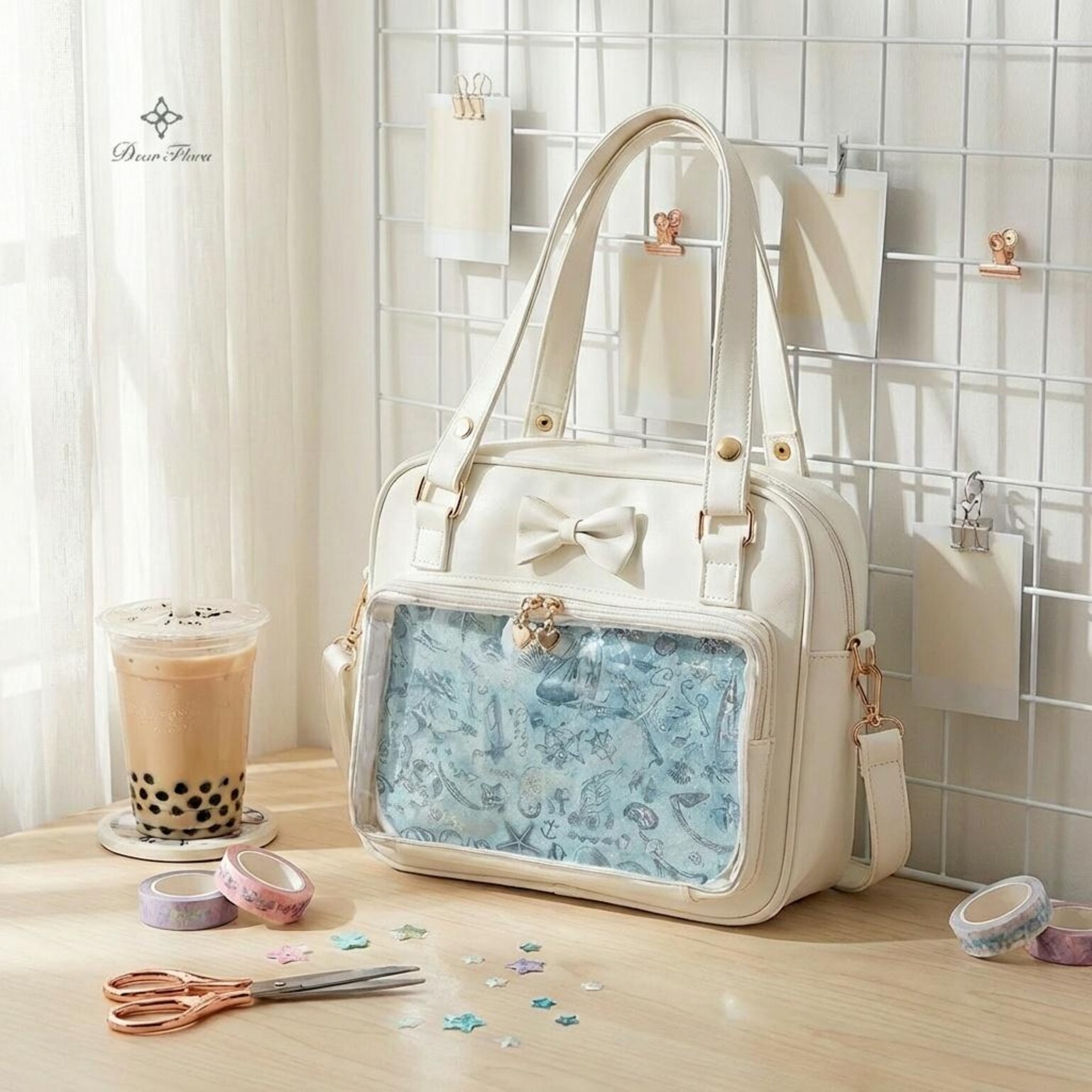 Pink Kawaii Convertible Ita Bag with Clear Window for Pin Display Pink Kawaii Convertible Ita Bag with Clear Window for Pin Display — ita bag detail view