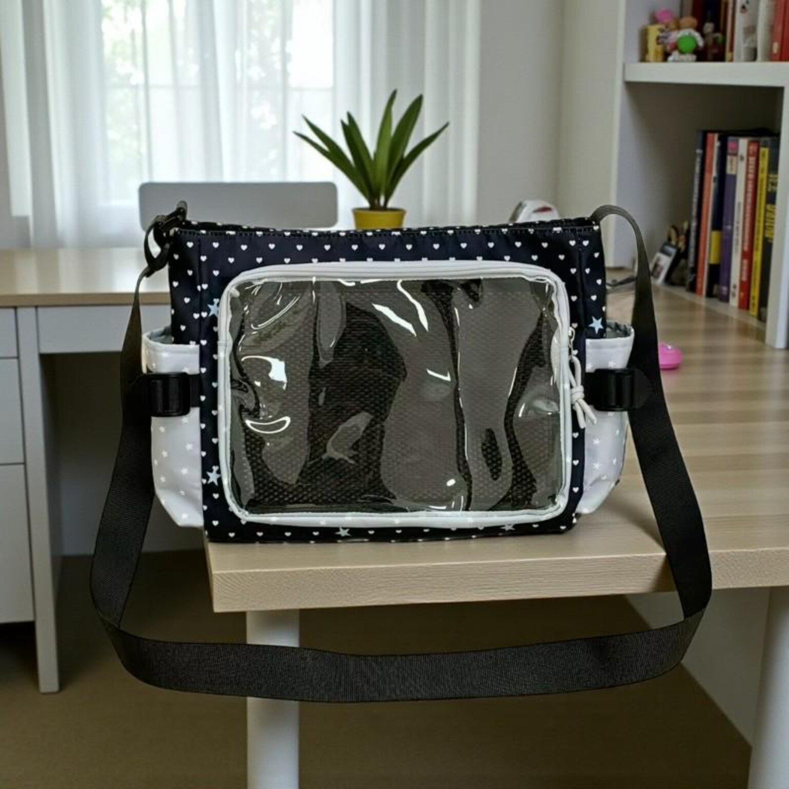 Pink Kawaii Convertible Ita Bag with Clear Window for Pin Display Pink Kawaii Convertible Ita Bag with Clear Window for Pin Display — ita bag detail view