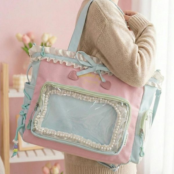 Pink Kawaii Convertible Ita Bag with Clear Window for Pin Display — ita bag detail view
