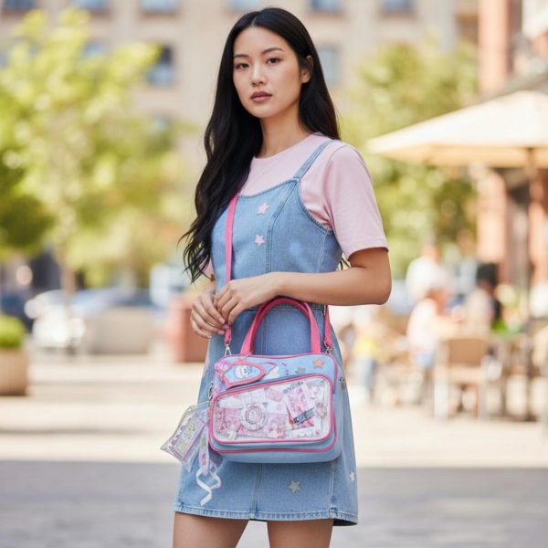 Pink Kawaii Convertible Ita Bag with Clear Window for Pin Display — ita bag detail view