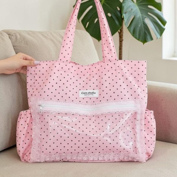 Pink Kawaii Convertible Ita Bag with Clear Window for Pin Display — ita bag detail view
