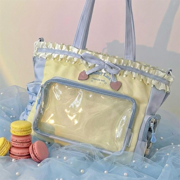 Pink Kawaii Convertible Ita Bag with Clear Window for Pin Display — ita bag detail view