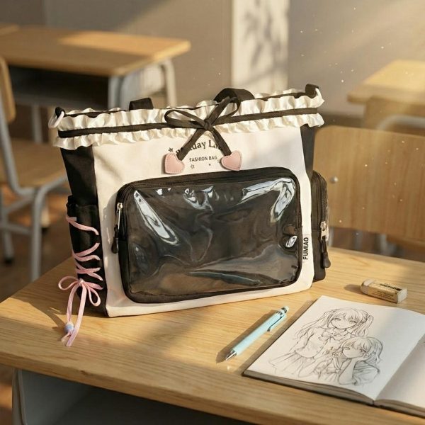Pink Kawaii Convertible Ita Bag with Clear Window for Pin Display — ita bag detail view
