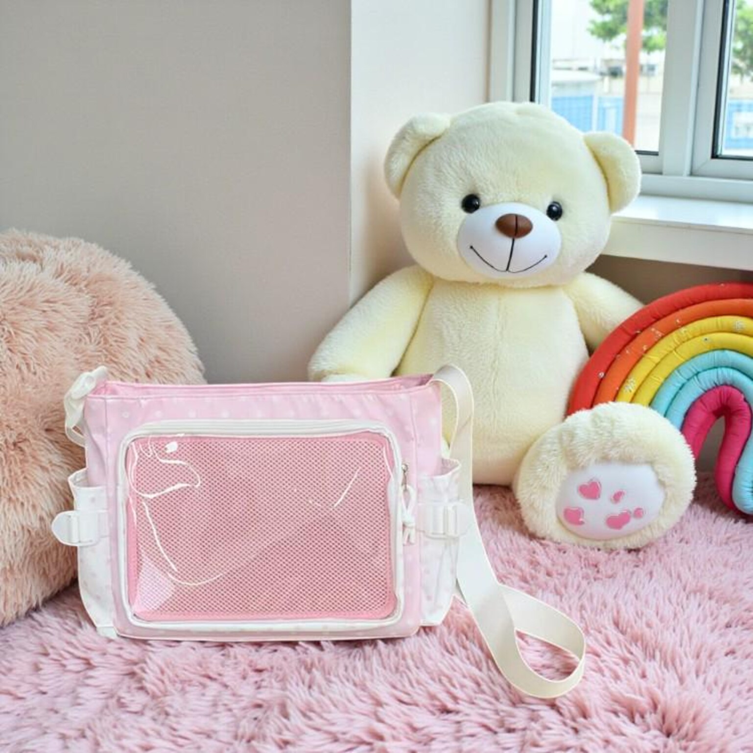 Pink Kawaii Convertible Ita Bag with Clear Window for Pin Display Pink Kawaii Convertible Ita Bag with Clear Window for Pin Display — ita bag detail view