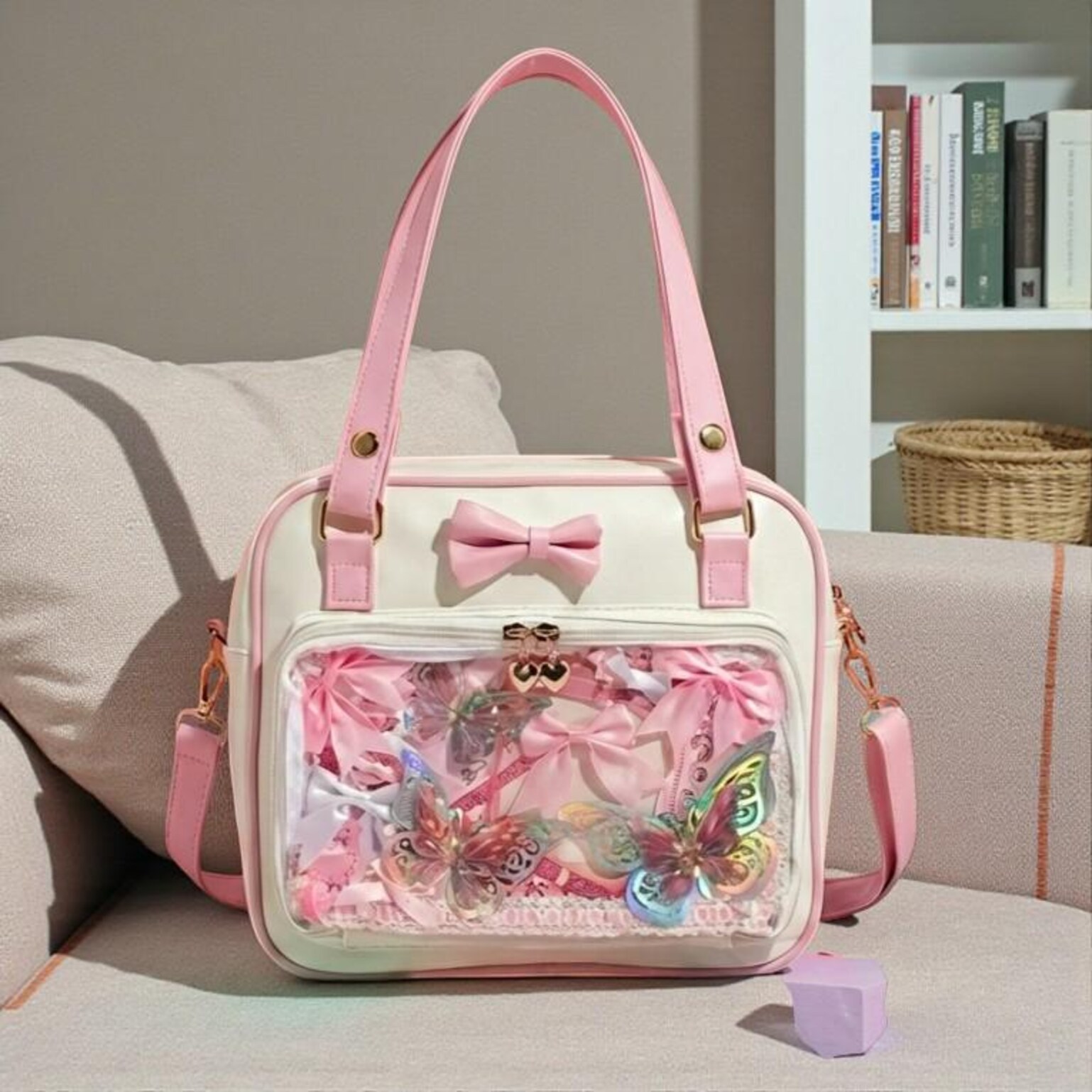 Pink Kawaii Convertible Ita Bag with Clear Window for Pin Display Pink Kawaii Convertible Ita Bag with Clear Window for Pin Display — ita bag detail view
