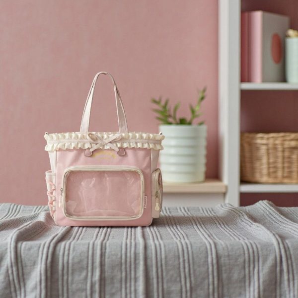 Pink Kawaii Convertible Ita Bag with Clear Window for Pin Display — ita bag detail view