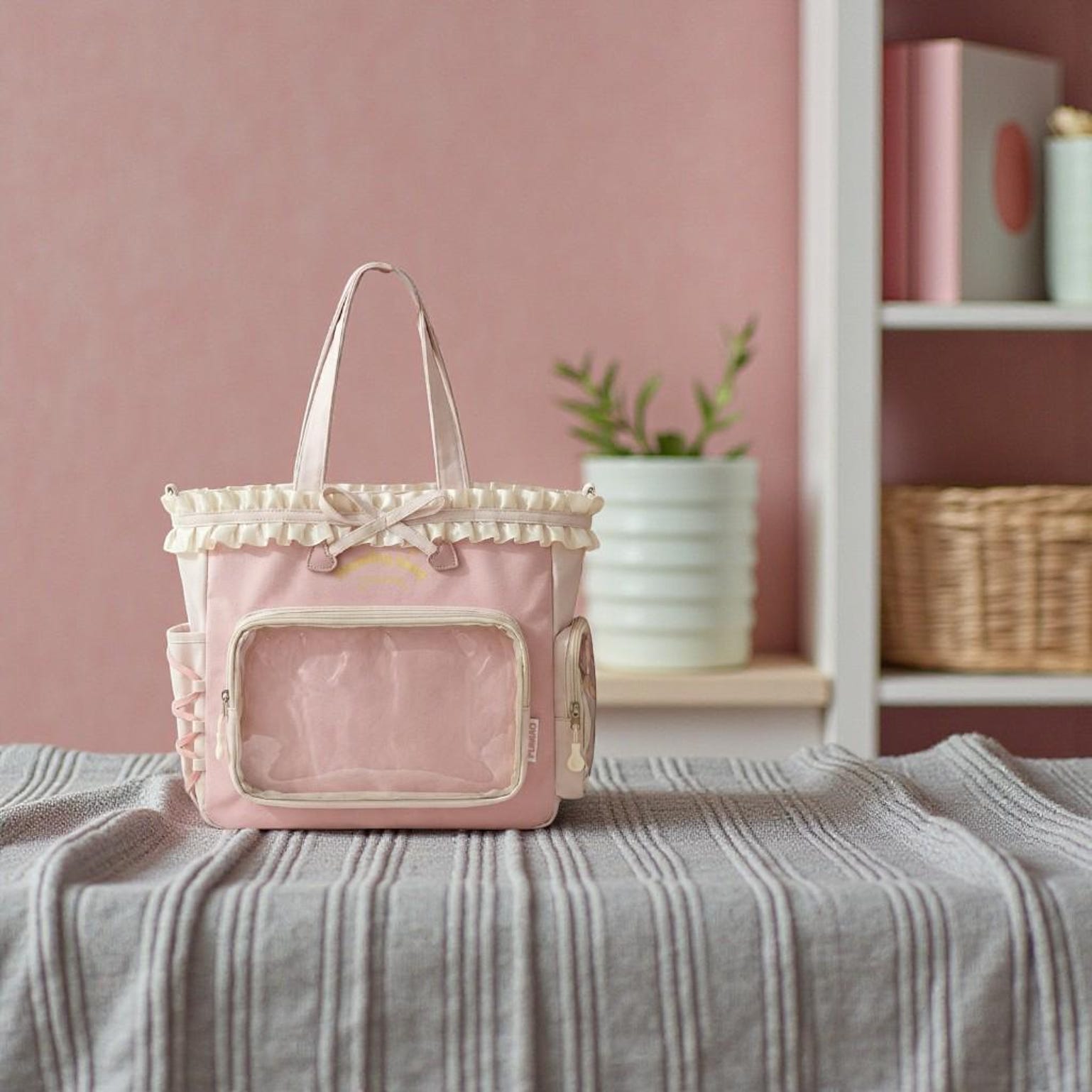 Pink Kawaii Convertible Ita Bag with Clear Window for Pin Display Pink Kawaii Convertible Ita Bag with Clear Window for Pin Display — ita bag detail view