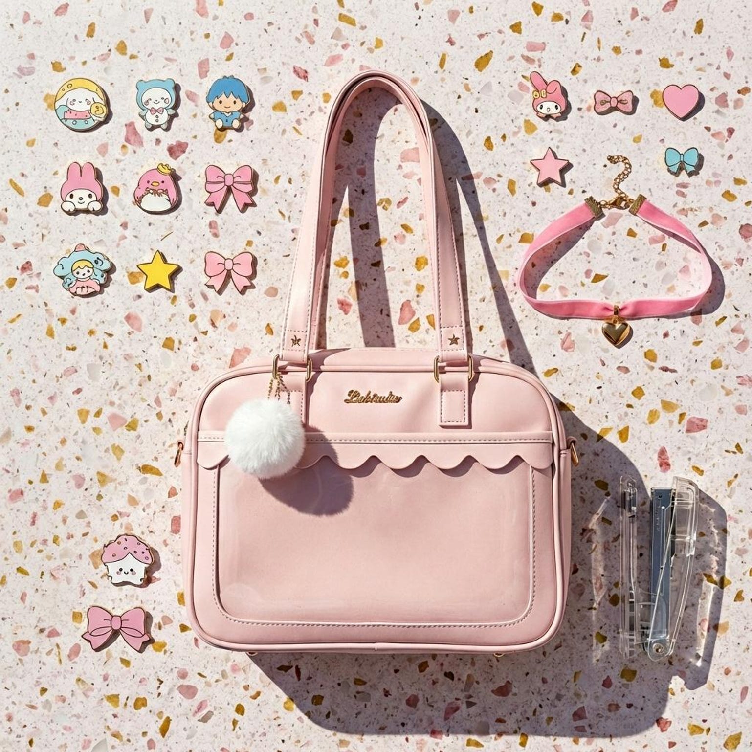 Pink Kawaii Convertible Ita Bag with Clear Window for Pin Display Pink Kawaii Convertible Ita Bag with Clear Window for Pin Display — ita bag with clear display window