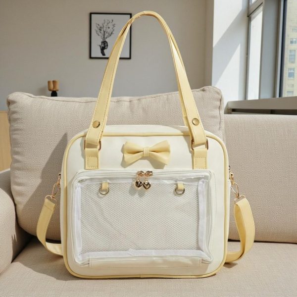 Pink Kawaii Convertible Ita Bag with Clear Window for Pin Display — ita bag detail view