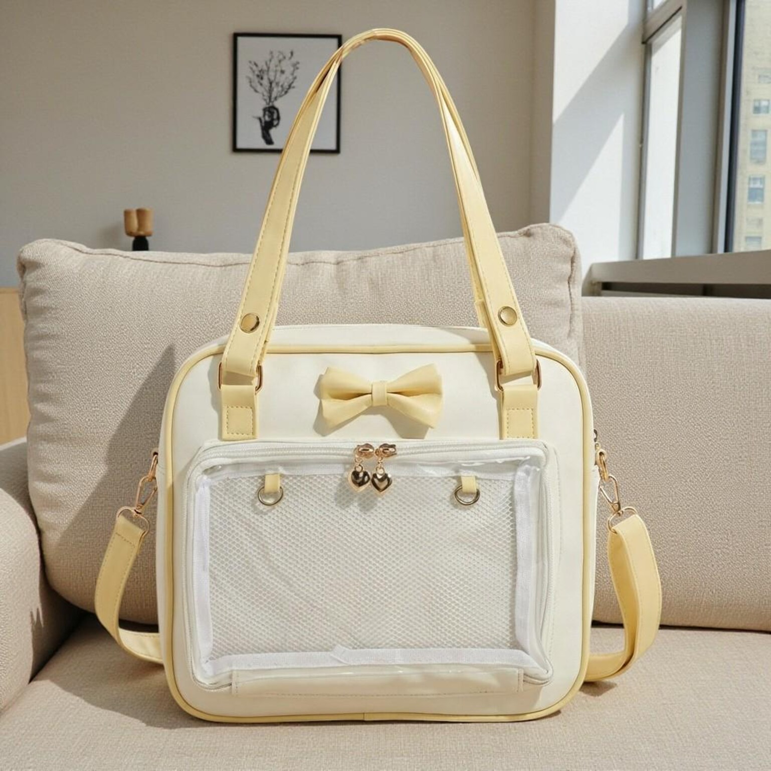 Pink Kawaii Convertible Ita Bag with Clear Window for Pin Display Pink Kawaii Convertible Ita Bag with Clear Window for Pin Display — ita bag detail view