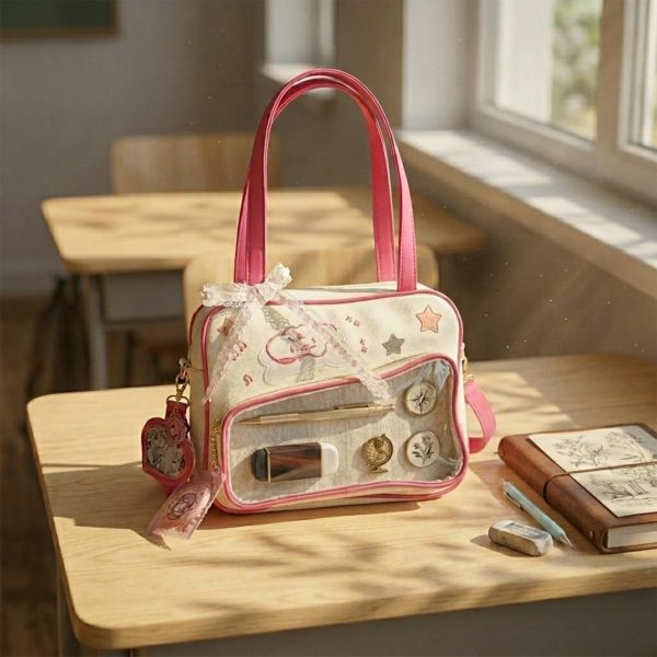 Pink Kawaii Convertible Ita Bag with Clear Window for Pin Display — ita bag detail view